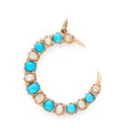 AN ANTIQUE TURQUOISE AND PEARL CRESCENT MOON PENDANT, 19TH CENTURY in yellow gold, set with