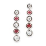 A PAIR OF DIAMOND AND SPINEL DROP EARRINGS in platinum, each comprising a row of five graduated
