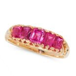 AN ANTIQUE BURMA NO HEAT RUBY DRESS RING in high carat yellow gold, set with five graduated step cut