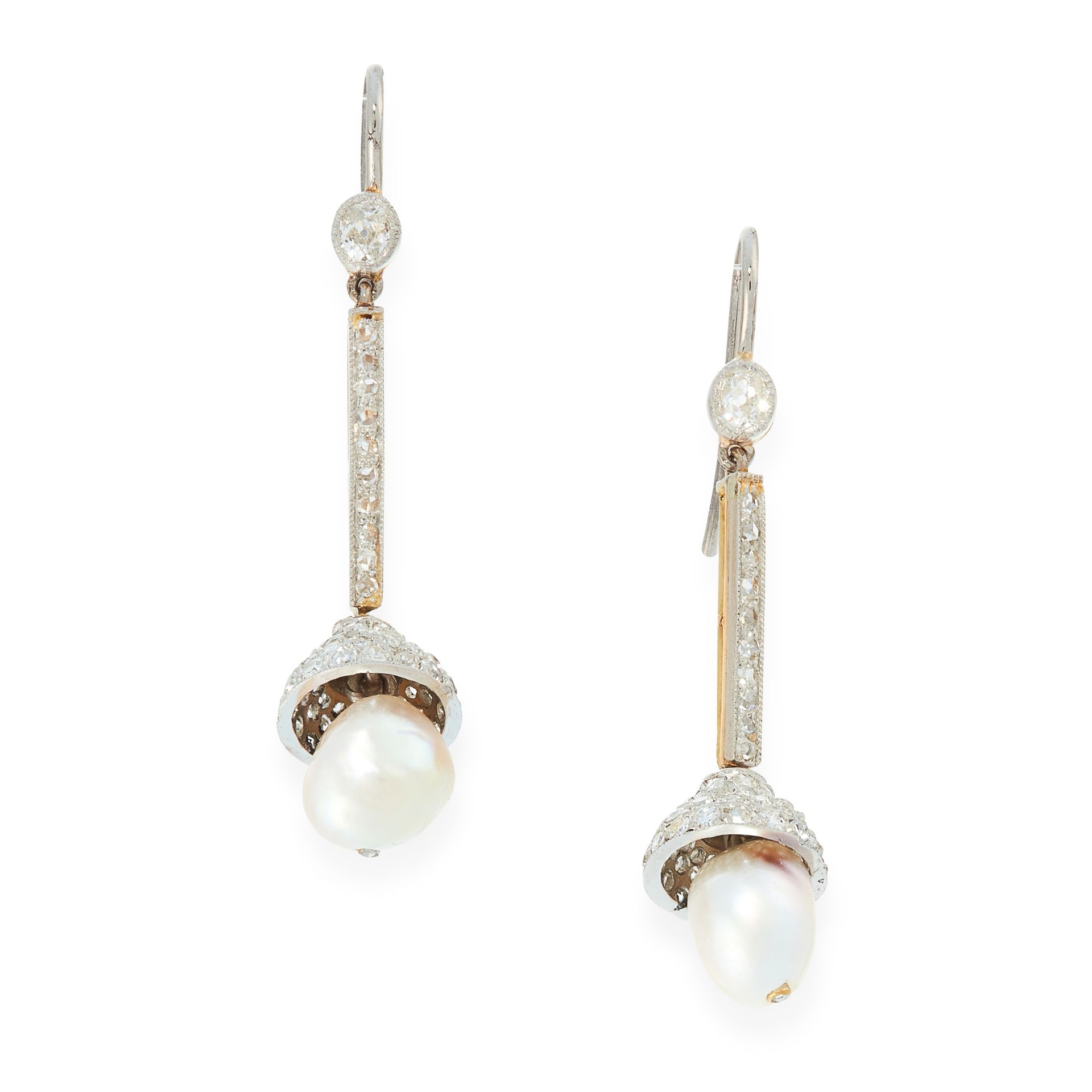 A PAIR OF NATURAL PEARL AND DIAMOND EARRINGS in platinum, each set with a natural pearl of 8.1mm and