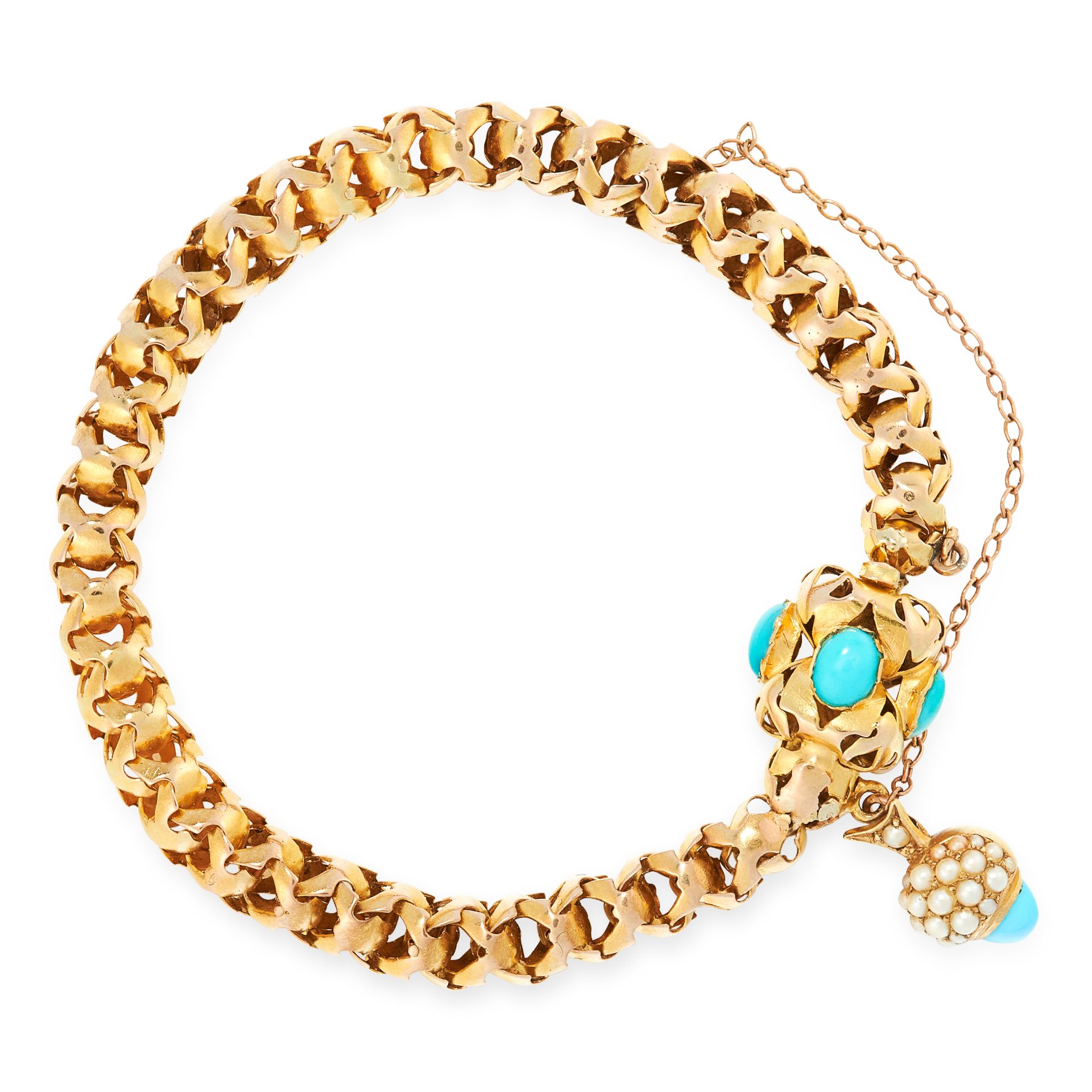 AN ANTIQUE TURQUOISE AND PEARL FANCY LINK BRACELET, 19TH CENTURY in high carat yellow gold, the