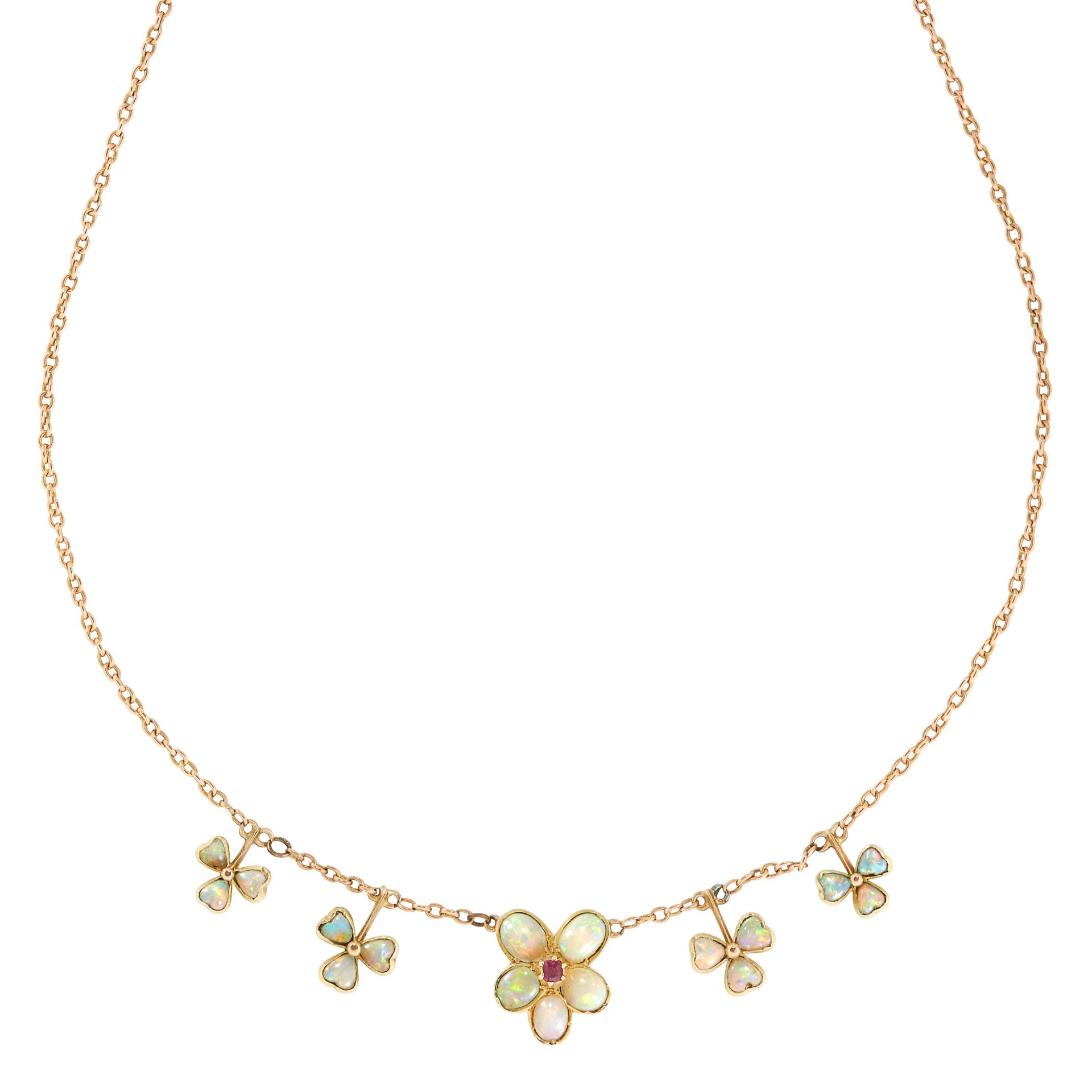 AN OPAL AND RUBY NECKLACE, EARLY 20TH CENTURY in yellow gold, set with a cluster of five cabochon