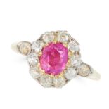 A BURMA NO HEAT RUBY AND DIAMOND DRESS RING in high carat yellow gold, set with a cushion cut ruby