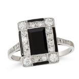 AN ART DECO ONYX AND DIAMOND DRESS RING, EARLY 20TH CENTURY in platinum, set with a step cut piece