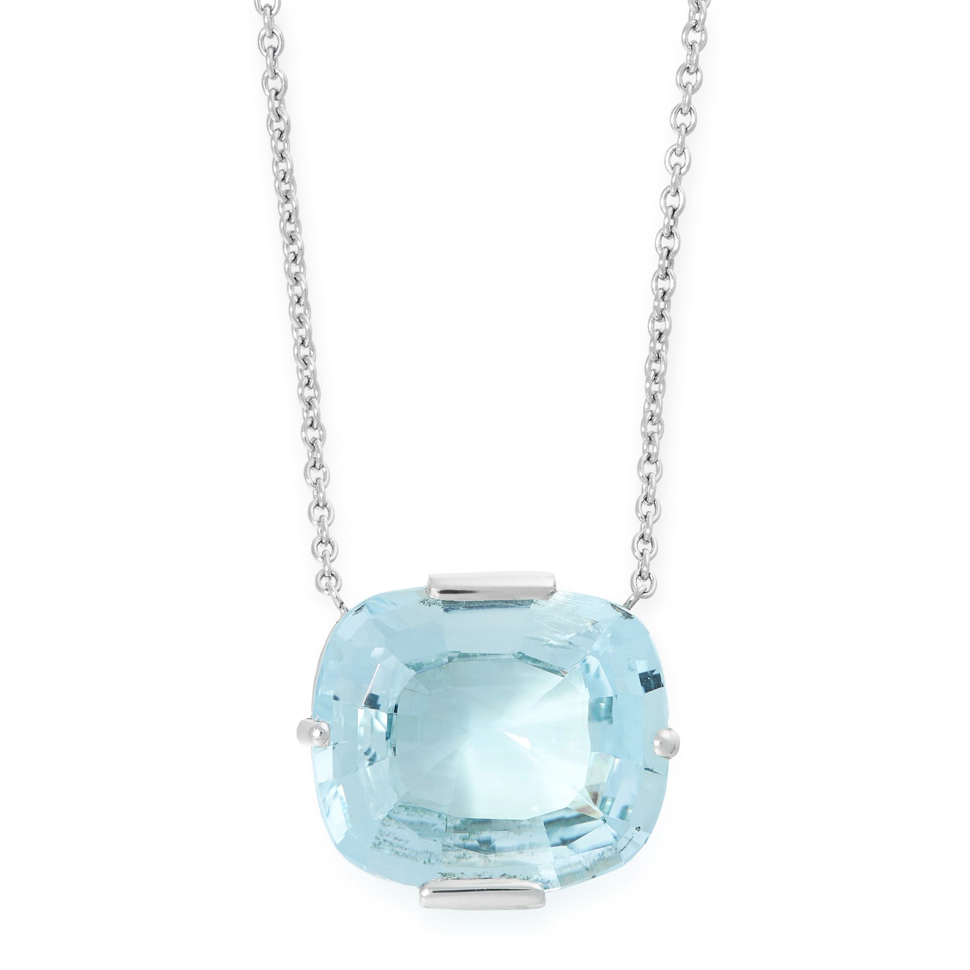 AN AQUAMARINE AND DIAMOND PENDANT NECKLACE in platinum, set with a cushion cut aquamarine of 19.41