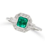 AN ART DECO EMERALD AND DIAMOND DRESS RING in 18ct white gold, set with an emerald cut emerald of