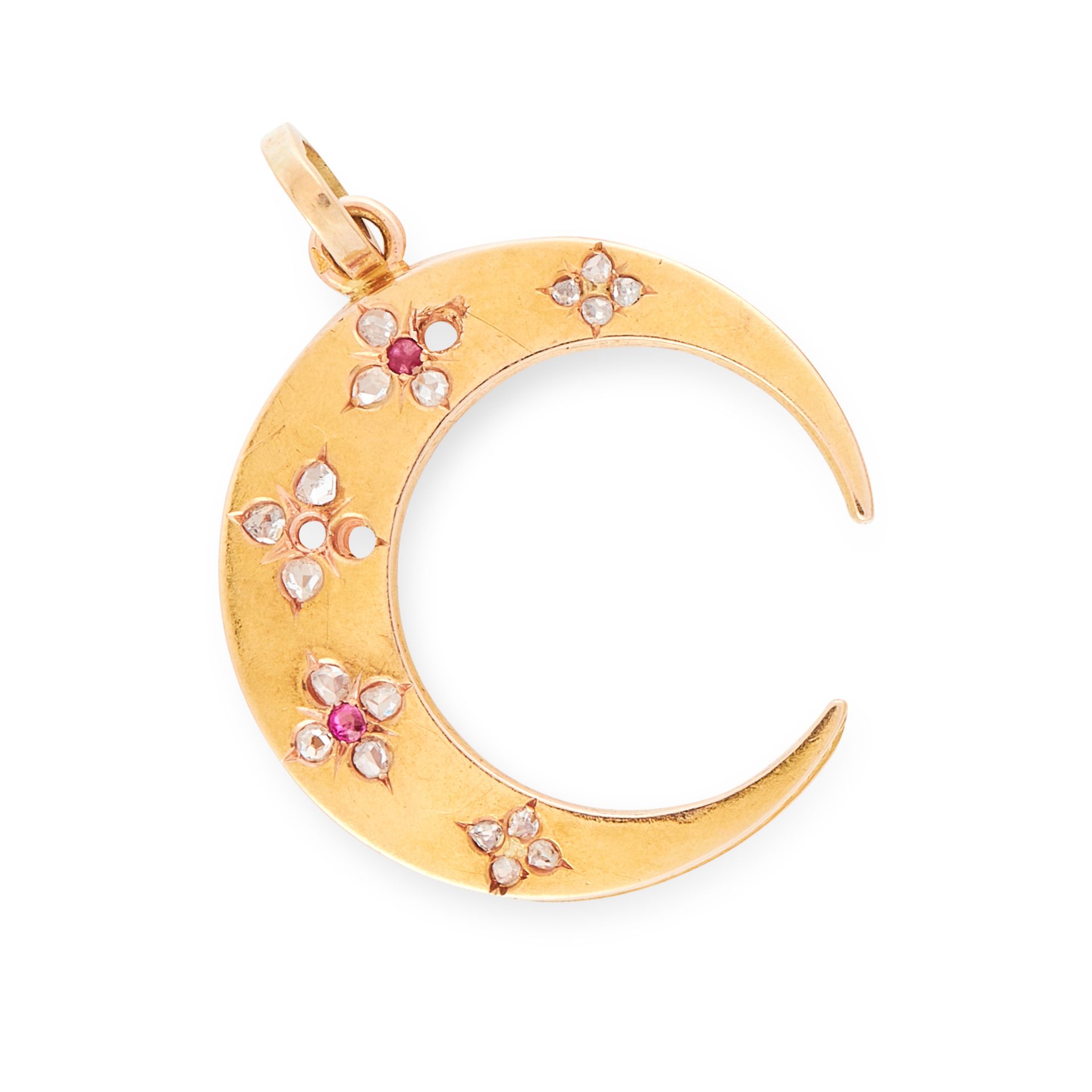 AN ANTIQUE RUBY AND DIAMOND CRESCENT MOON PENDANT, 19TH CENTURY in yellow gold, set with round cut