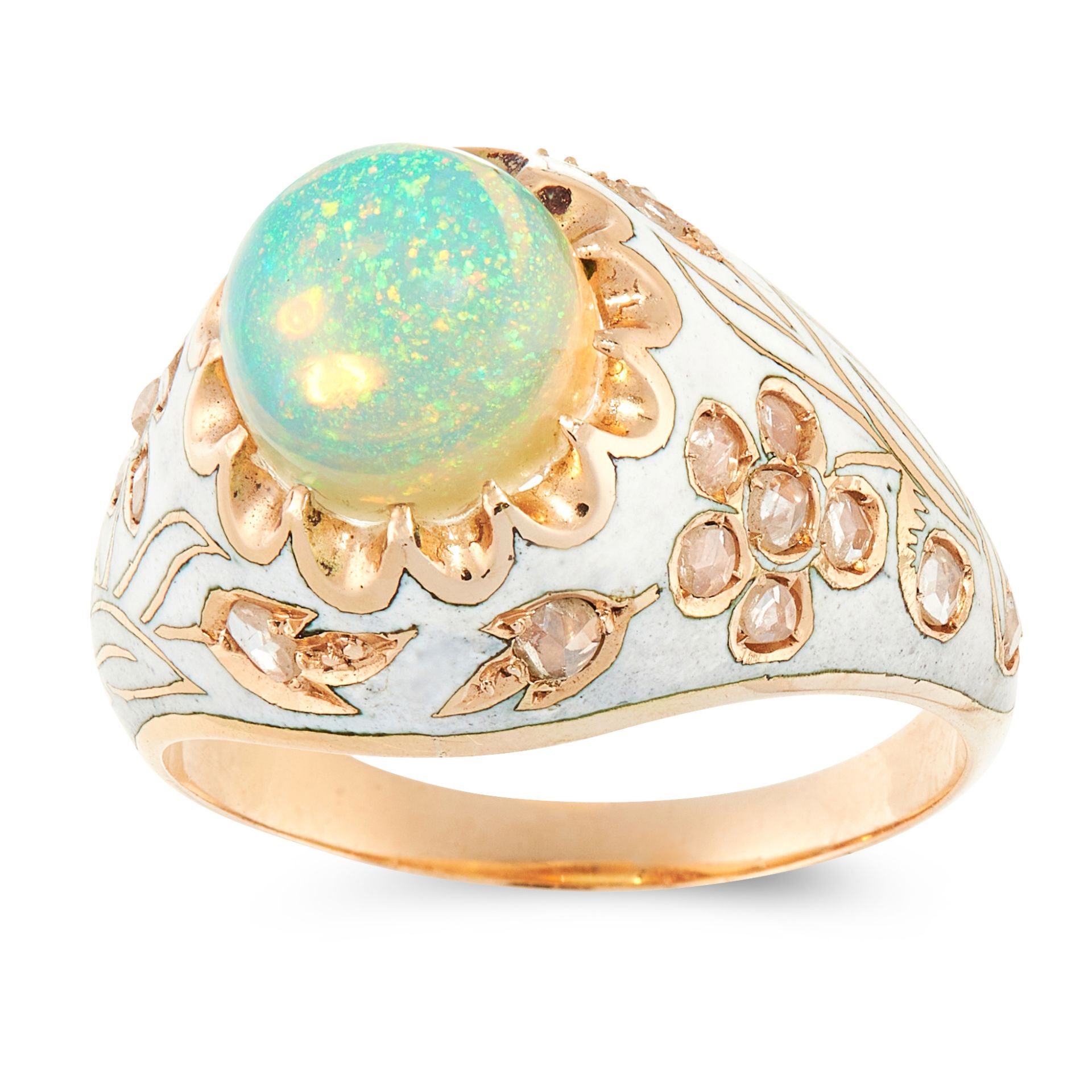AN ANTIQUE OPAL, DIAMOND AND ENAMEL DRESS RING in high carat yellow gold, set with a round