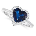 A SAPPHIRE AND DIAMOND DRESS RING in 18ct white gold, set with a heart cut sapphire of 1.85 carats