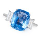 A CEYLON NO HEAT SAPPHIRE AND DIAMOND RING in platinum, set with a cushion cut blue sapphire of 5.12