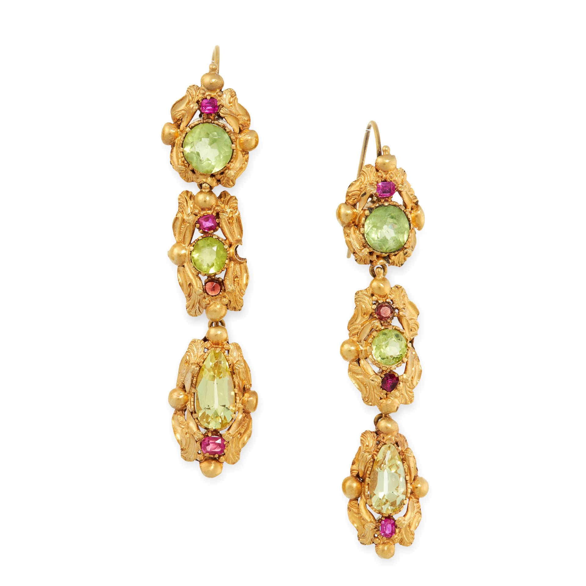 A PAIR OF ANTIQUE CHRYSOLITE AND RUBY EARRINGS, 19TH CENTURY in high carat yellow gold, each