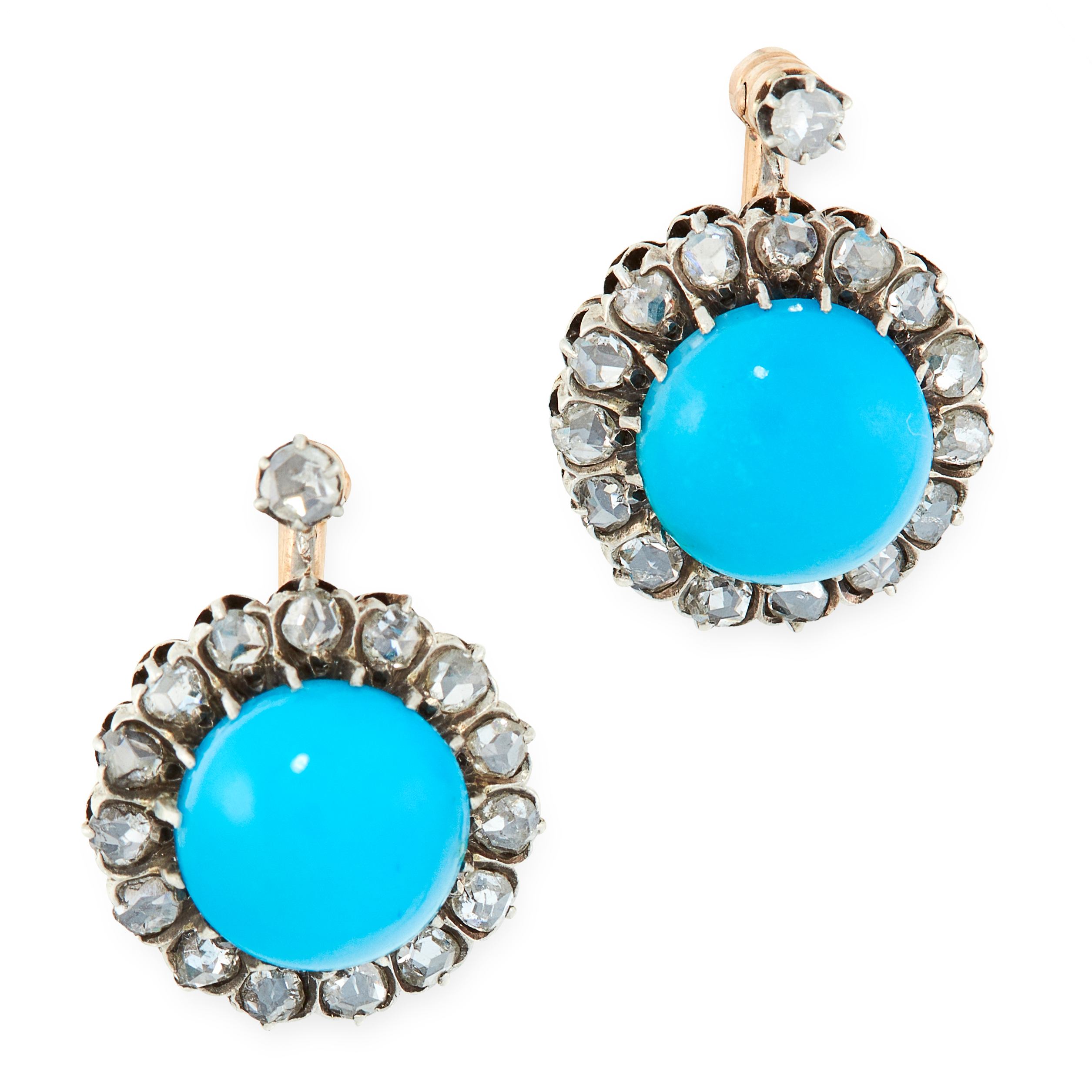 A PAIR OF ANTIQUE TURQUOISE AND DIAMOND EARRINGS, 19TH CENTURY in yellow gold and silver, each set