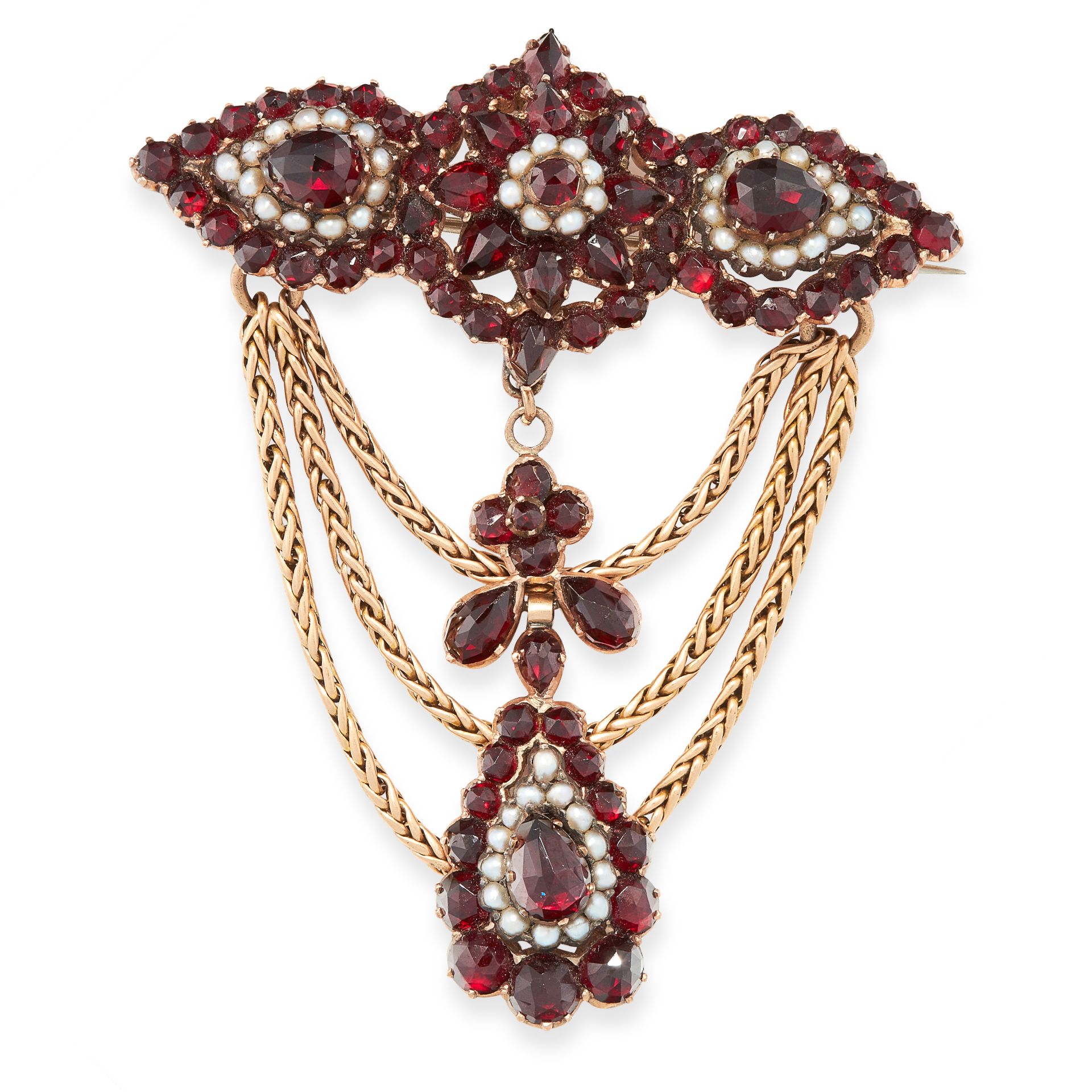 AN ANTIQUE GARNET AND PEARL BROOCH, 19TH CENTURY in yellow gold, designed as a trio of garnet and