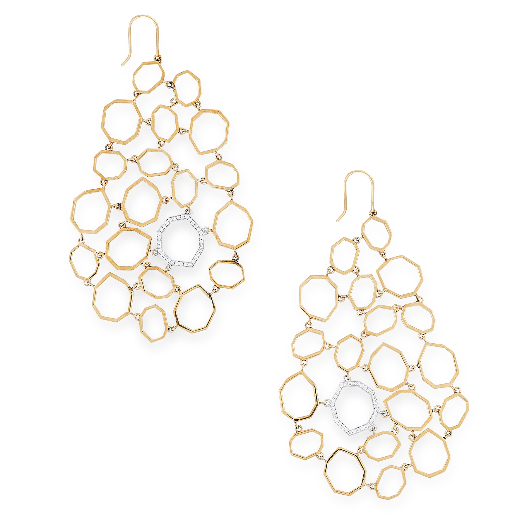 A PAIR OF DIAMOND PENDENT EARRINGS, RON HAMI in 18ct yellow and white gold, each of abstract design,