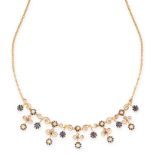 AN ANTIQUE SAPPHIRE AND PEARL NECKLACE, CIRCA 1900 in 15ct yellow gold, set with round cut sapphires