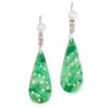 A PAIR OF JADEITE JADE, PEARL AND DIAMOND EARRINGS each set with a tapering carved piece of jade