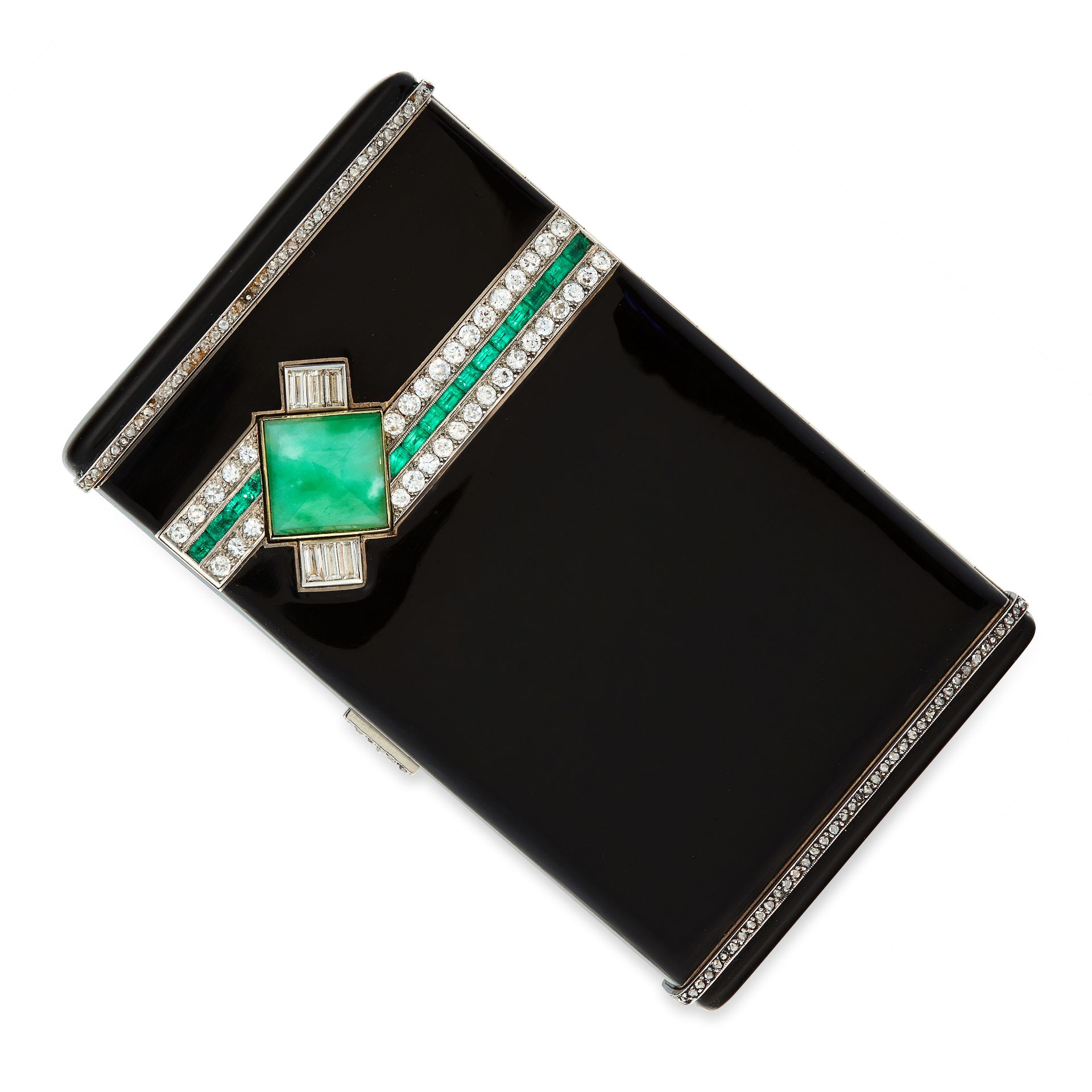 AN ART DECO JADEITE JADE, EMERALD, DIAMOND AND ENAMEL POWDER COMPACT / VANITY CASE, CIRCA 1940 in