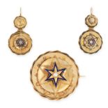 AN ANTIQUE DIAMOND AND ENAMEL MOURNING LOCKET BROOCH AND EARRINGS SUITE, 19TH CENTURY in yellow