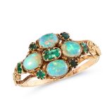 AN ANTIQUE OPAL AND EMERALD DRESS RING, EARLY 19TH CENTURY in yellow gold, set with four oval
