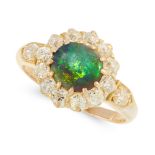 AN ANTIQUE BLACK OPAL AND DIAMOND DRESS RING in high carat yellow gold, set with a round cabochon