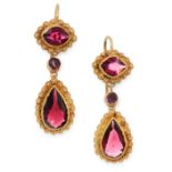 A PAIR OF ANTIQUE GARNET DROP EARRINGS, 19TH CENTURY in high carat yellow gold, each set with a pear