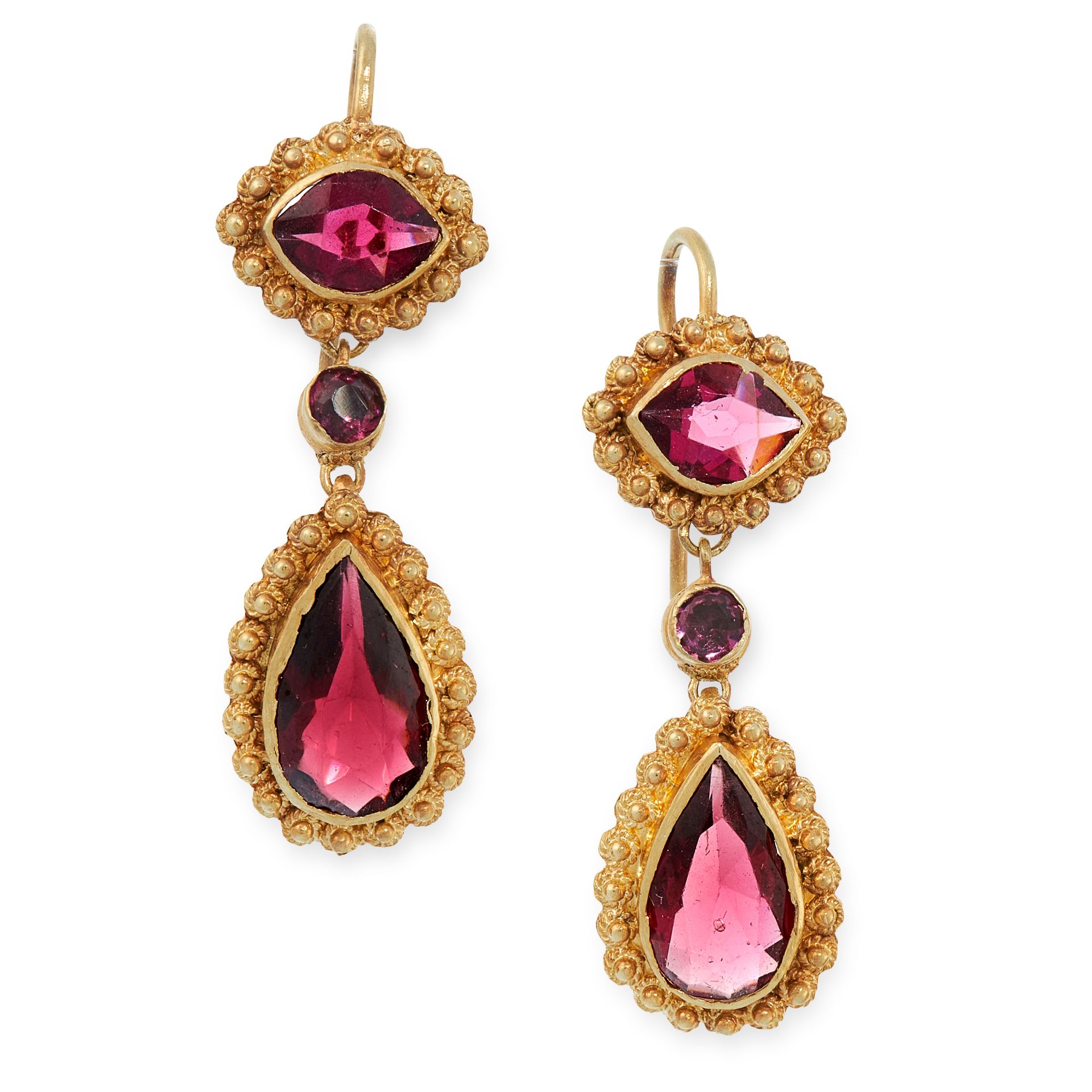 A PAIR OF ANTIQUE GARNET DROP EARRINGS, 19TH CENTURY in high carat yellow gold, each set with a pear