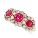 AN ANTIQUE RED SPINEL AND DIAMOND DRESS RING in 18ct yellow gold and silver, set with a trio of