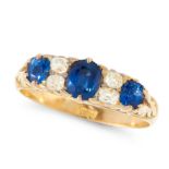 AN ANTIQUE SAPPHIRE AND DIAMOND DRESS RING in high carat yellow gold, set with a trio of graduated