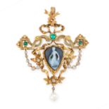 AN ANTIQUE CAMEO, ENAMEL, EMERALD, DIAMOND AND PEARL PENDANT, 19TH CENTURY in 18ct yellow gold,