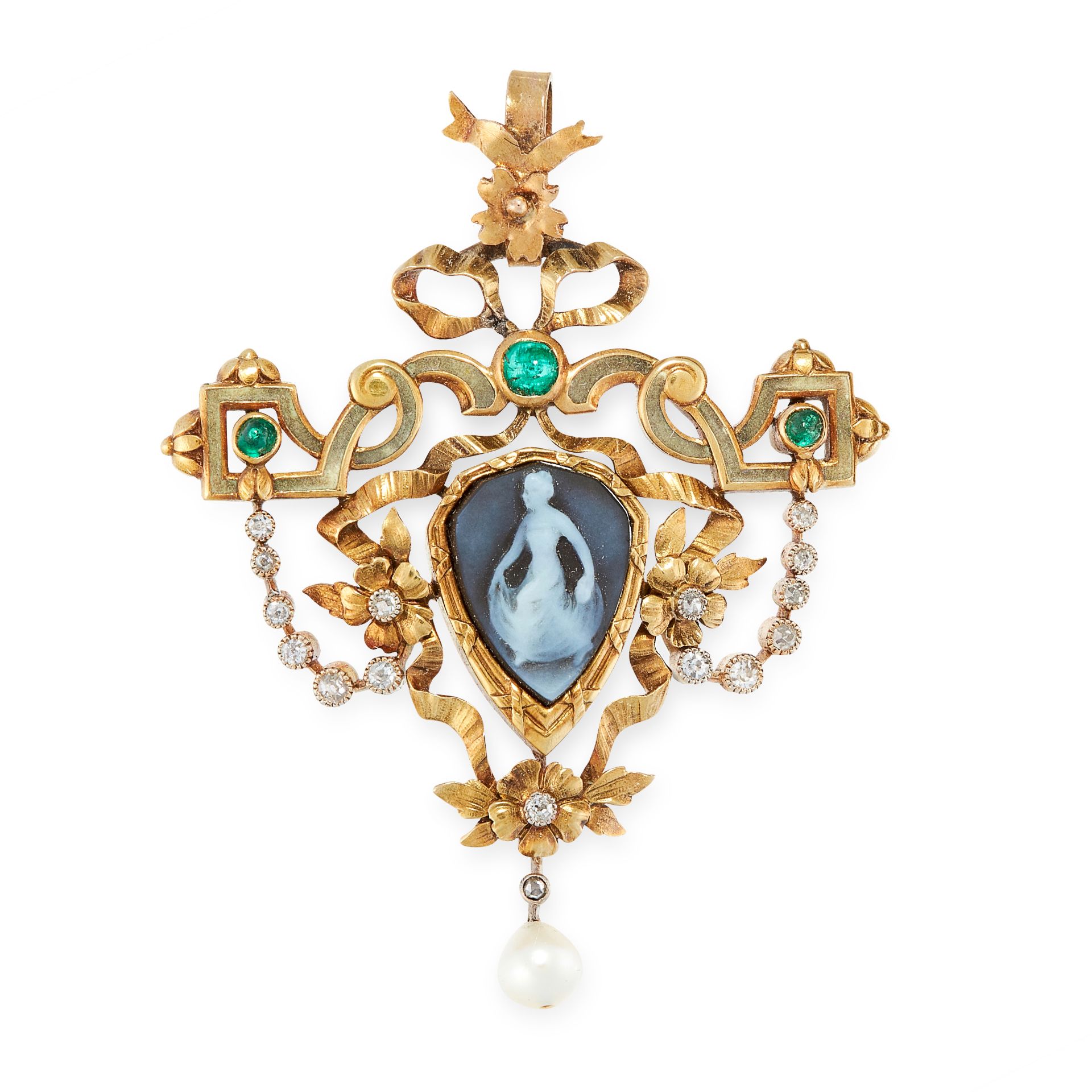 AN ANTIQUE CAMEO, ENAMEL, EMERALD, DIAMOND AND PEARL PENDANT, 19TH CENTURY in 18ct yellow gold,