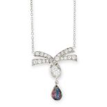 A BLACK OPAL AND DIAMOND PENDANT NECKLACE in white gold and platinum, the twisted ribbon motif set