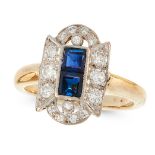 A SAPPHIRE AND DIAMOND DRESS RING in high carat yellow gold, set with two step cut blue sapphires,