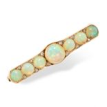 AN ANTIQUE OPAL AND DIAMOND BAR BROOCH, 19TH CENTURY in yellow gold, set with seven round cabochon