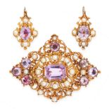 AN ANTIQUE PINK TOPAZ AND PEARL BROOCH AND EARRINGS SUITE, 19TH CENTURY in high carat yellow gold,