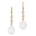 A PAIR OF ANTIQUE FROSTED GLASS AND DIAMOND DROP EARRINGS in high carat yellow gold, each set with a