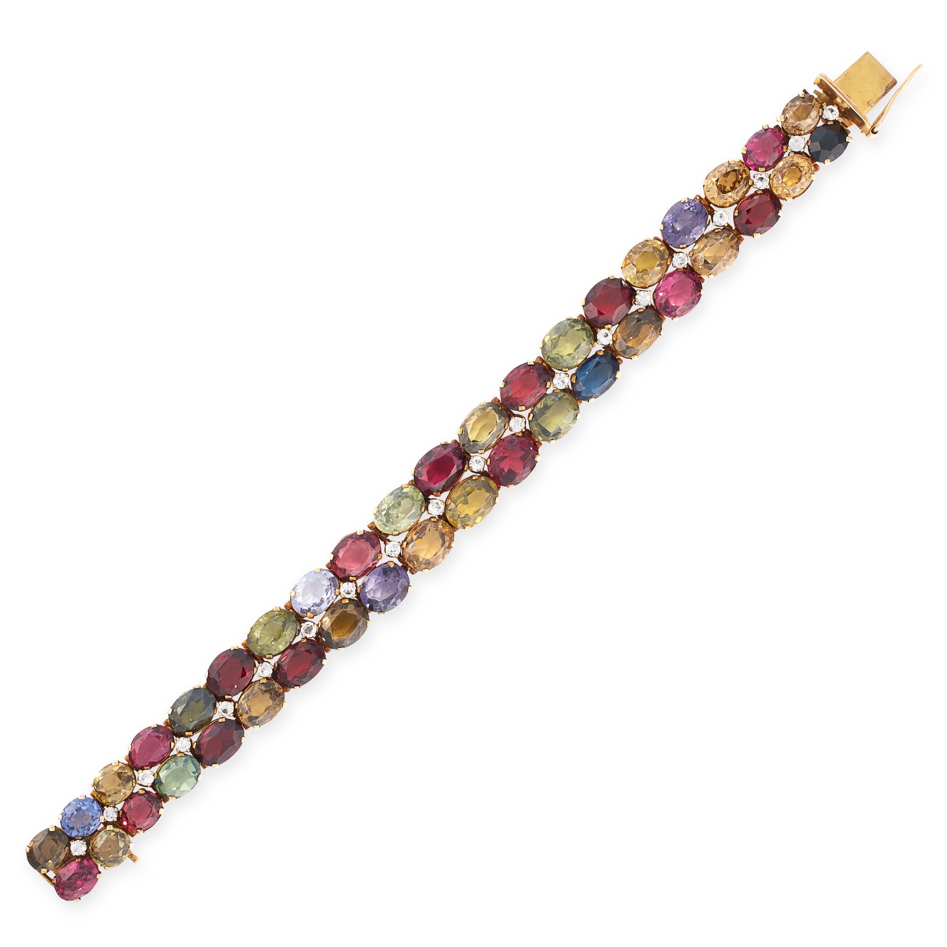 A VINTAGE GEMSET BRACELET in yellow gold, comprising two rows of graduated oval cut gemstones