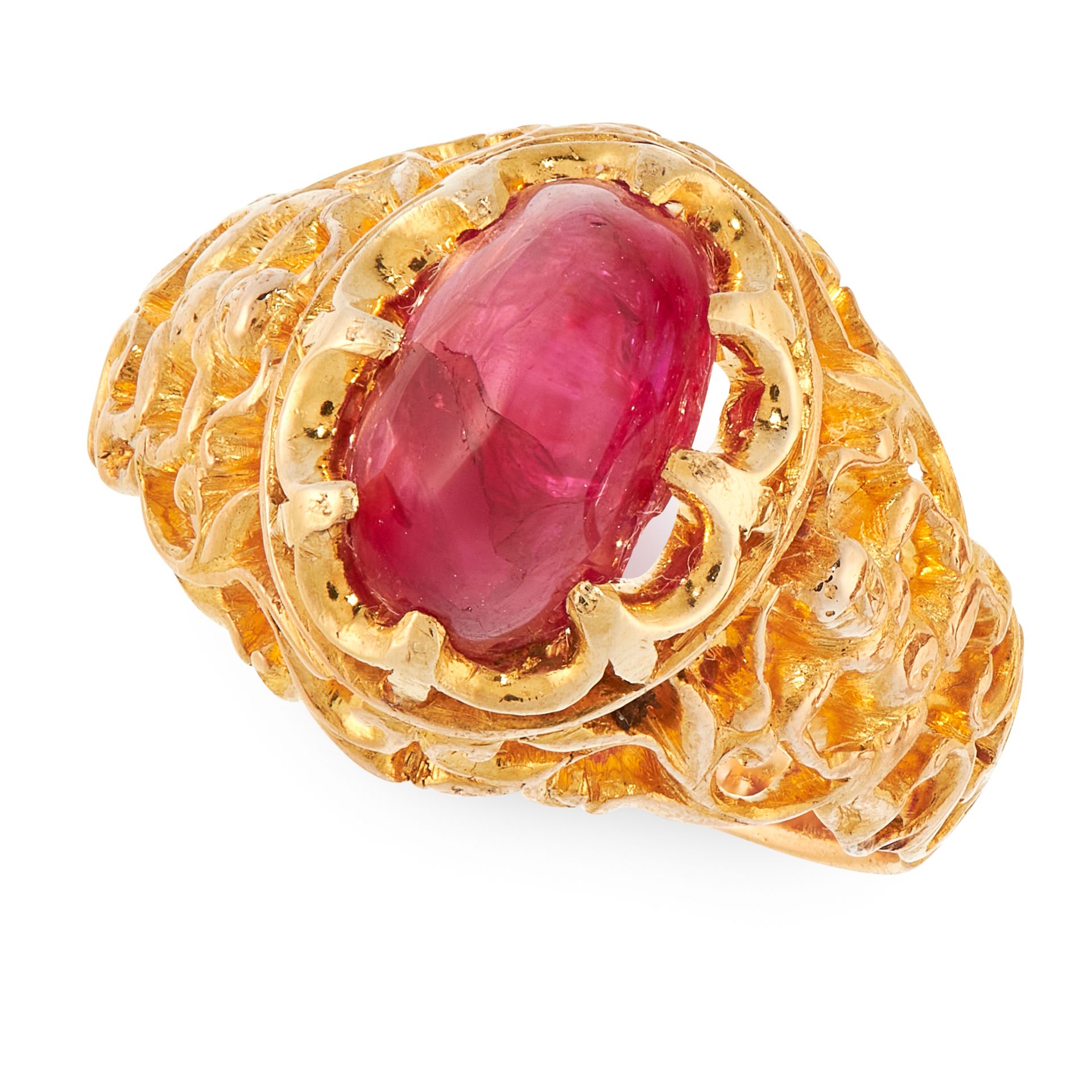 A BURMA NO HEAT RUBY DRESS RING in high carat yellow gold, set with an oval cabochon ruby of 3.10