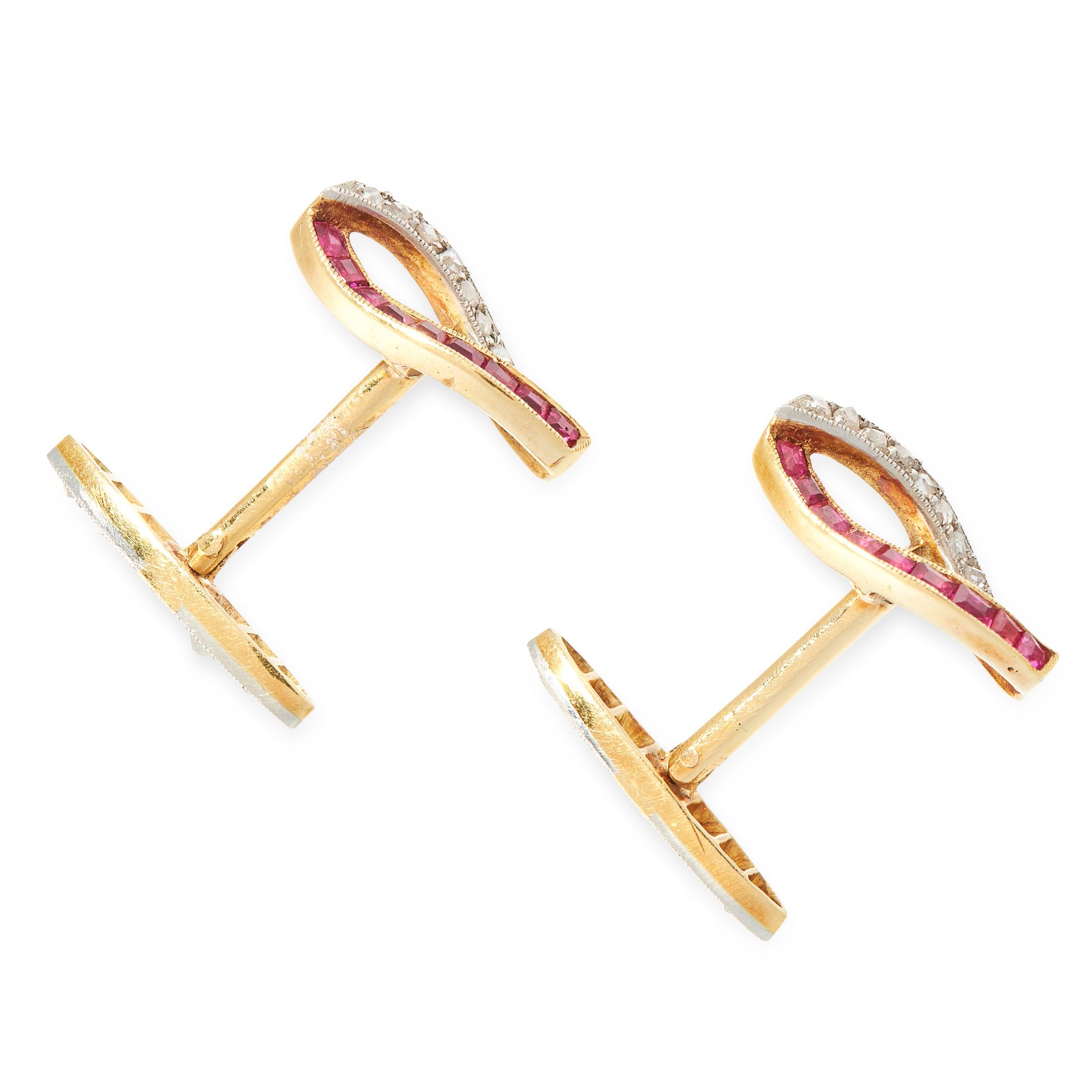 A PAIR OF RUBY AND DIAMOND CUFFLINKS, EARLY 20TH CENTURY in high carat yellow gold, set with step