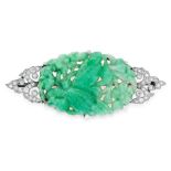 AN ART DECO NATURAL JADEITE JADE AND DIAMOND BROOCH, EARLY 20TH CENTURY set with a single piece of