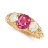 AN ANTIQUE UNHEATED RUBY AND DIAMOND DRESS RING in high carat yellow gold, set with a cushion cut