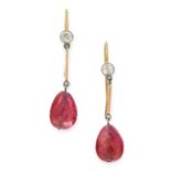 A PAIR OF BURMA NO HEAT RUBY AND DIAMOND DROP EARRINGS in yellow gold and silver, each set with a