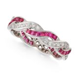 AN ART DECO RUBY AND DIAMOND ETERNITY BAND RING the band formed of woven twisted rows of step cut
