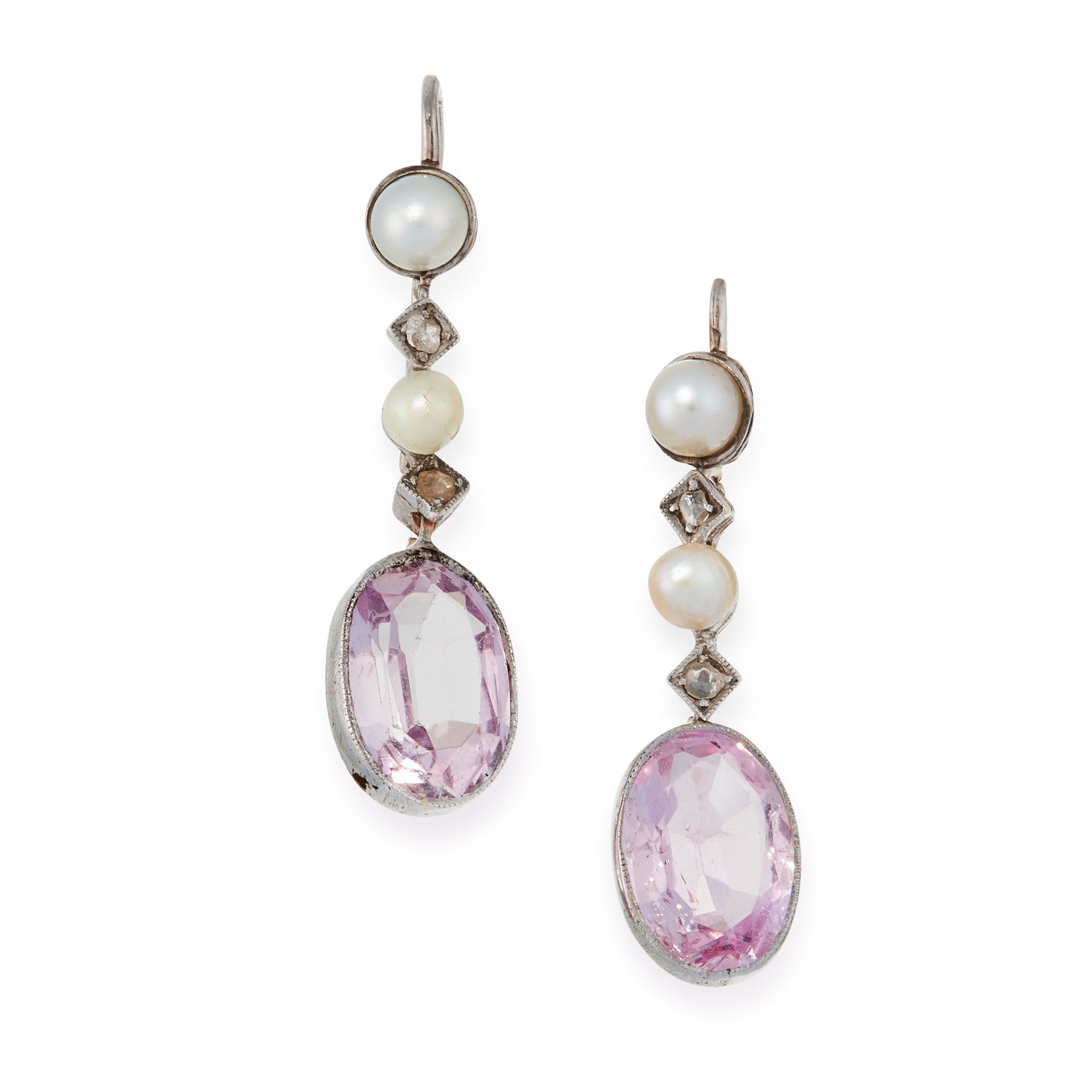 A PAIR OF PINK TOURMALINE, PEARL AND DIAMOND EARRINGS, EARLY 20TH CENTURY in platinum, each set with