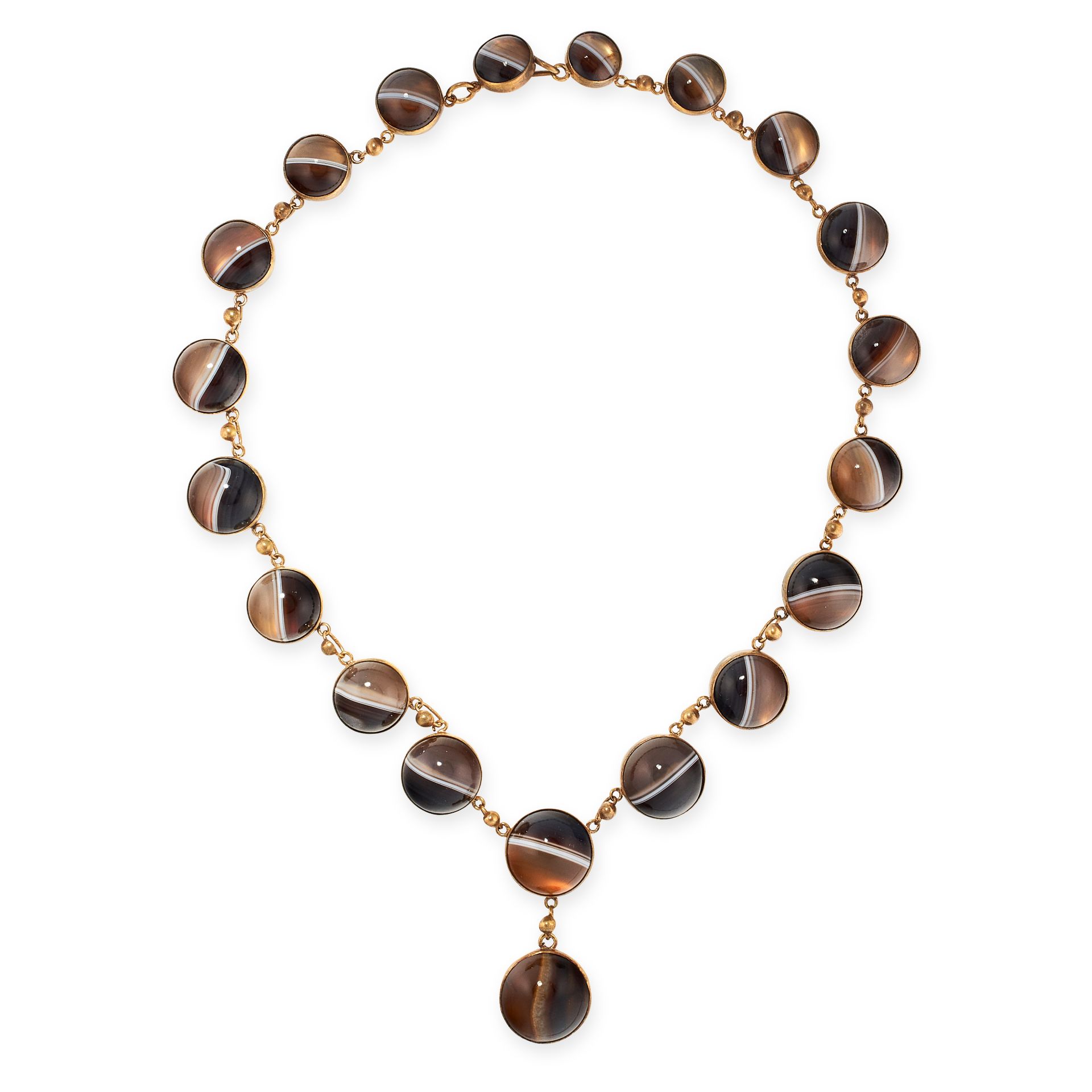 AN ANTIQUE BANDED AGATE NECKLACE comprising a single row of nineteen graduated round banded agate