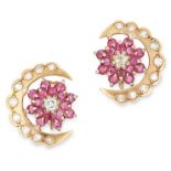 A PAIR OF ANTIQUE RUBY AND DIAMOND EARRINGS in yellow gold, each designed as a crescent moon, set