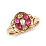 AN ANTIQUE DIAMOND AND RUBY DRESS RING, 19TH CENTURY in yellow gold, the oval face set with a trio