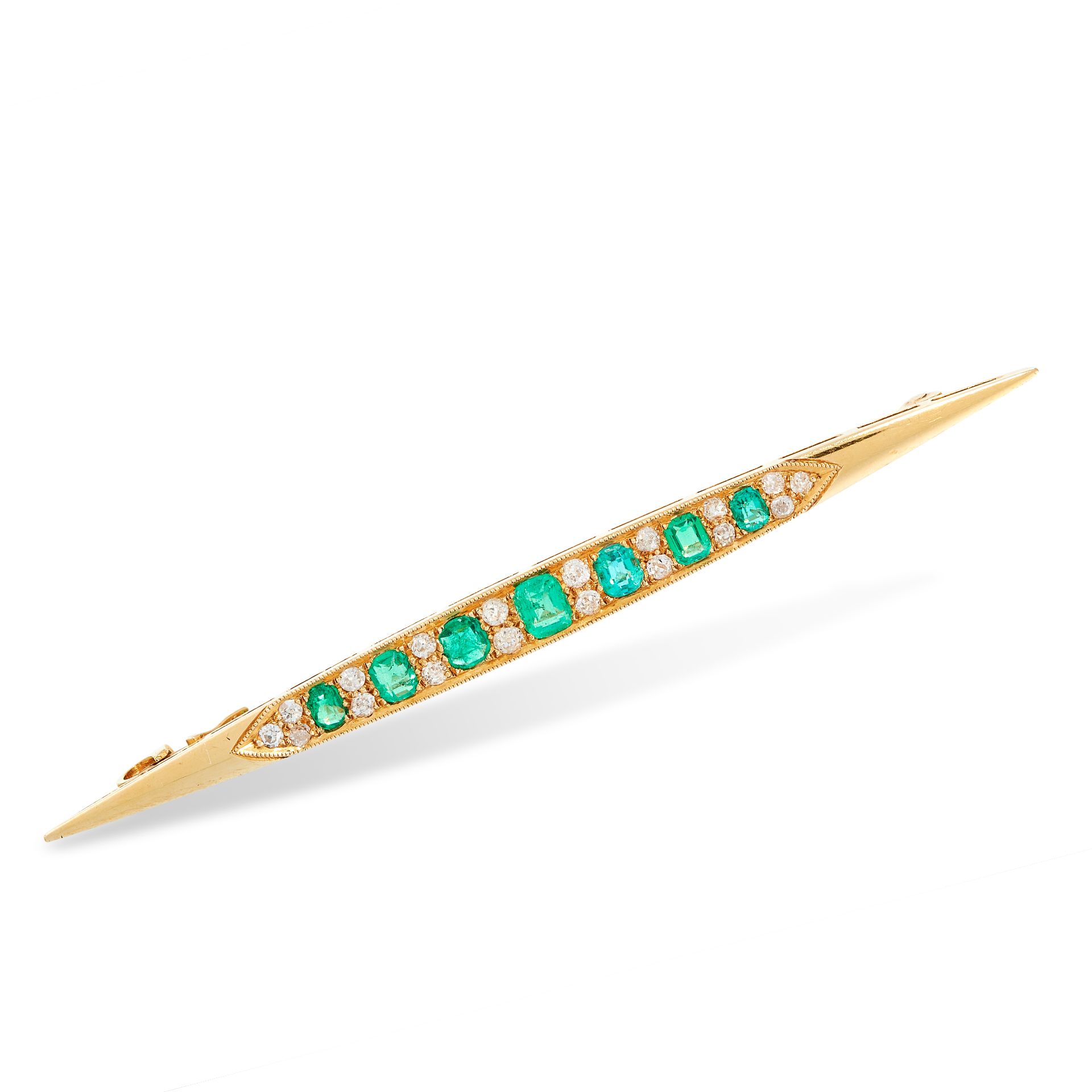 ANTIQUE EMERALD AND DIAMOND BAR BROOCH set with alternating emerald cut emeralds and old cut