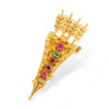 AN ANTIQUE GEMSET REGARD BROOCH, 19TH CENTURY in yellow gold, designed as a quiver holding four