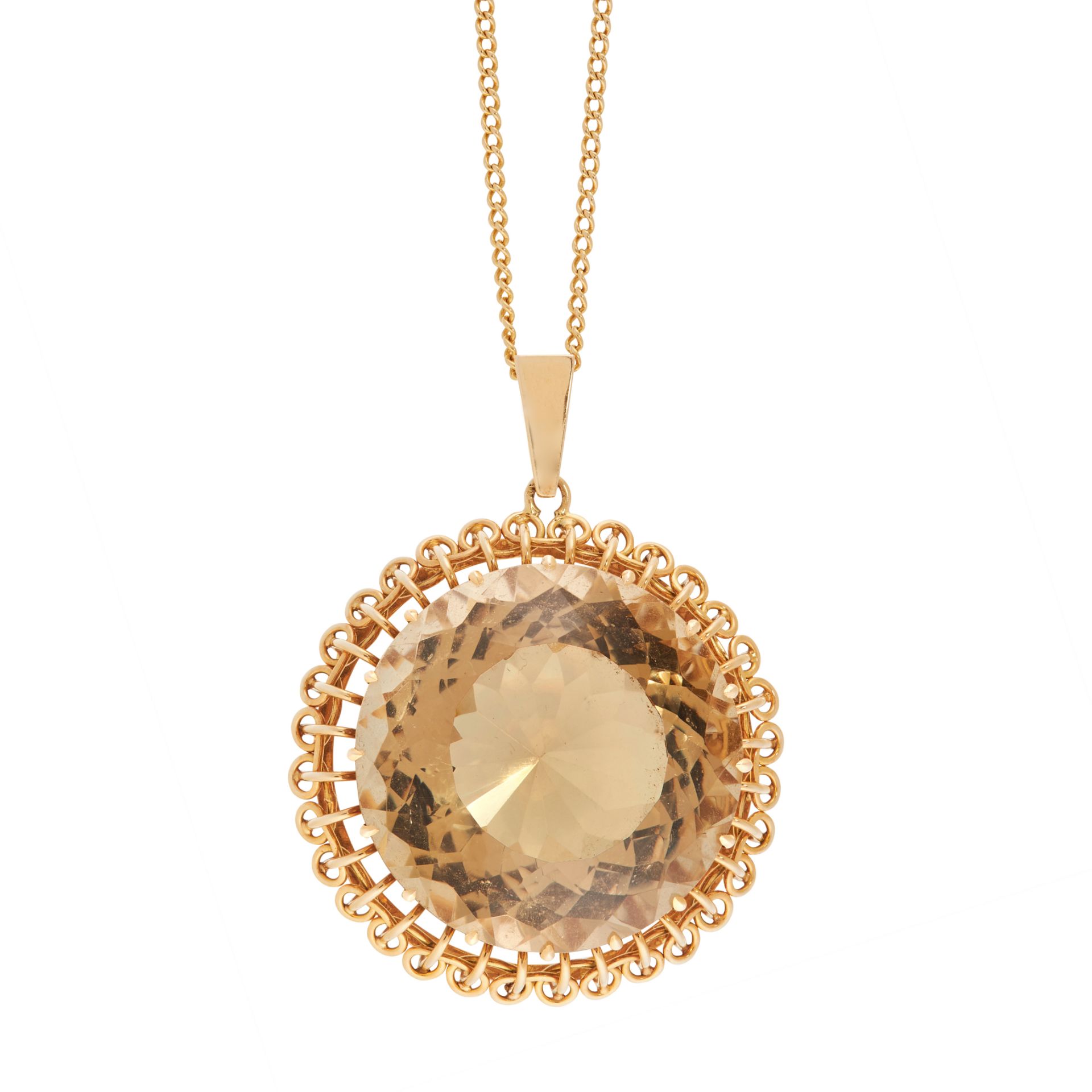 A VINTAGE CITRINE PENDANT AND CHAIN in 18ct yellow gold, set with a round cut citrine of 120.57