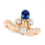 AN ANTIQUE SAPPHIRE AND DIAMOND DRESS RING in high carat yellow gold, set with an oval cut